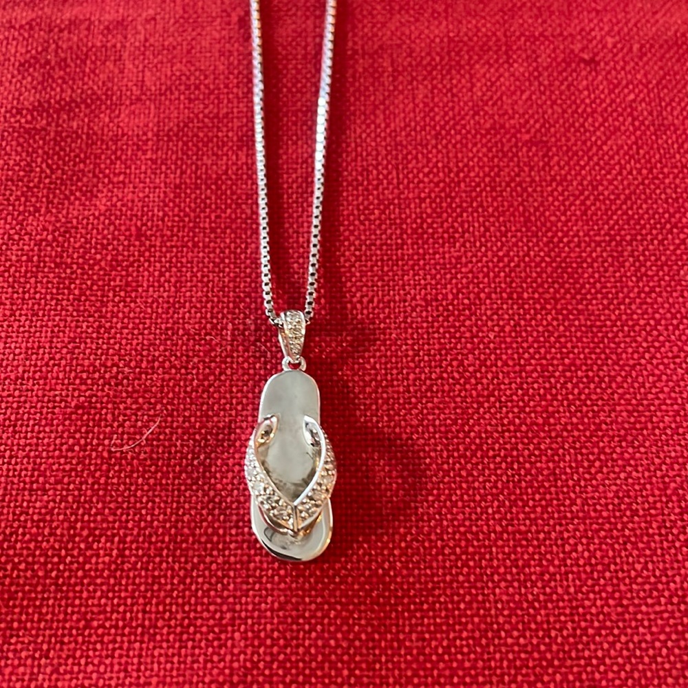 Sterling Silver 18” Flip Flop necklace with cubic zirconia accents. NWOT.